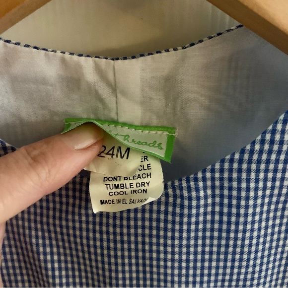 Little Threads Smocked Dino Jumper Overalls with Snap Legs and Gingham Print - Picture 3 of 5